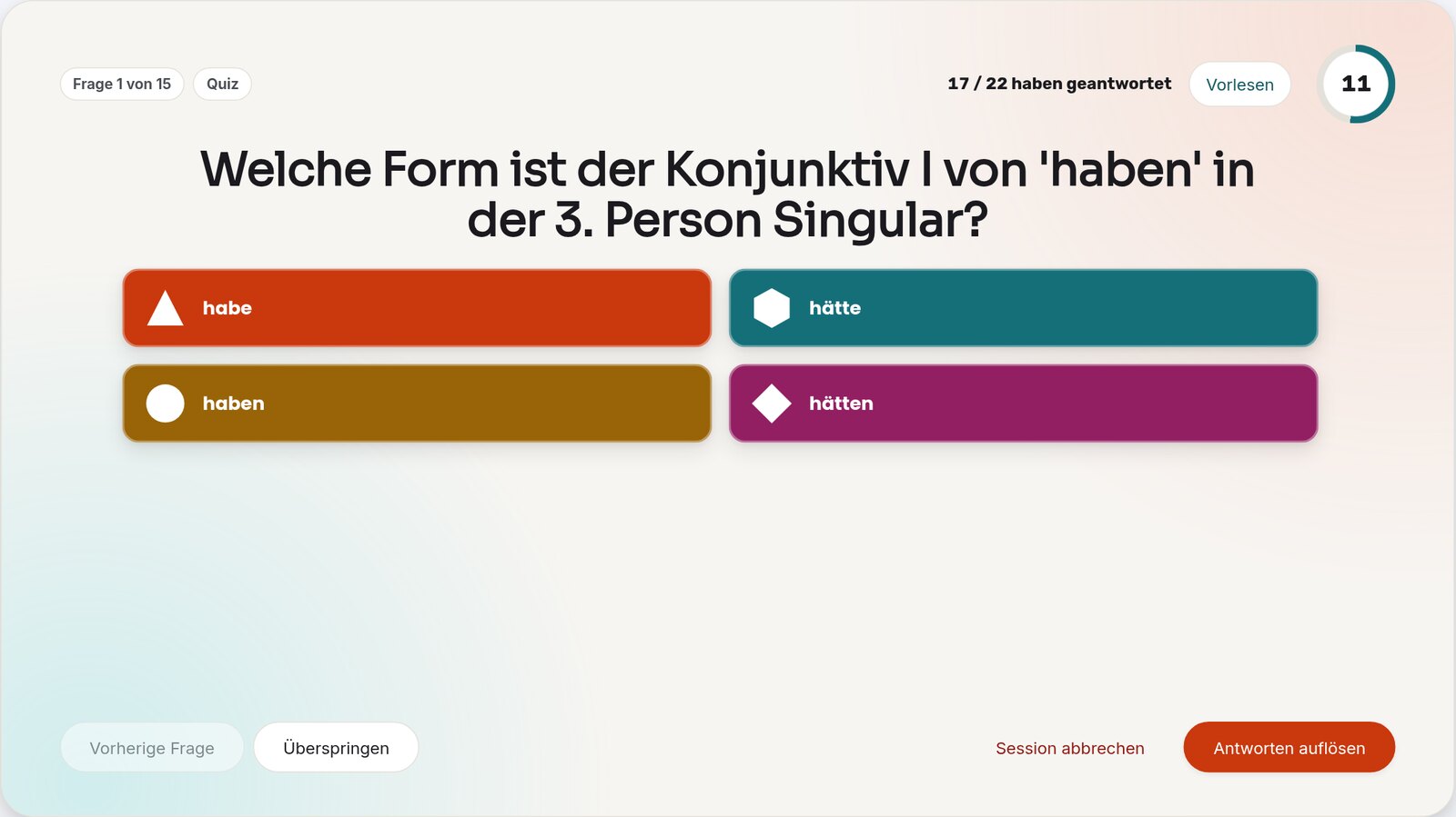 Quizgeist-Frage am Beamer: Welche Form ist der Konjunktiv I von haben in der 3. Person Singular? Vier farbige Antwortfelder, 17 von 22 haben geantwortet